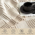 Amélie Home Checkered Knit Throw Blanket for Couch, Chenille Texture Decorative Soft Blanket for Sofa & Chair, 60"x80", Beige & Ivory