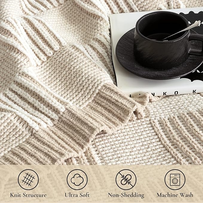 Amélie Home Checkered Knit Throw Blanket for Couch, Chenille Texture Decorative Soft Blanket for Sofa & Chair, 60"x80", Beige & Ivory