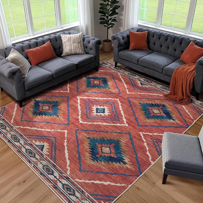 Area Rug 6x8 Rug Machine Washable Non-Slip Low Pile Print Pattern Western Rug for Living Room Bedroom Entryway Tribal Series-Red/Orange