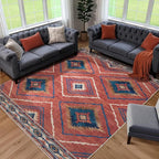 Area Rug 7x9 Rug Machine Washable Non-Slip Low Pile Print Pattern Western Rug for Living Room Bedroom Entryway Tribal Series-Red/Orange