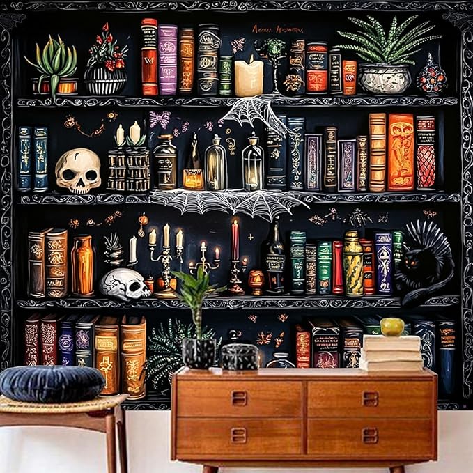 Algasan Magic Bookshelf Tapestry Magical Book Tapestry Gothic Witchy Vintage Library Skull Potion Black Cat Candle Botanical Backdrop for Bedroom Living Room Dorm 90.6 x 70.9 Inches