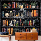 Algasan Magic Bookshelf Tapestry Magical Book Tapestry Gothic Witchy Vintage Library Skull Potion Black Cat Candle Botanical Backdrop for Bedroom Living Room Dorm 78.7 x 59.1 Inches