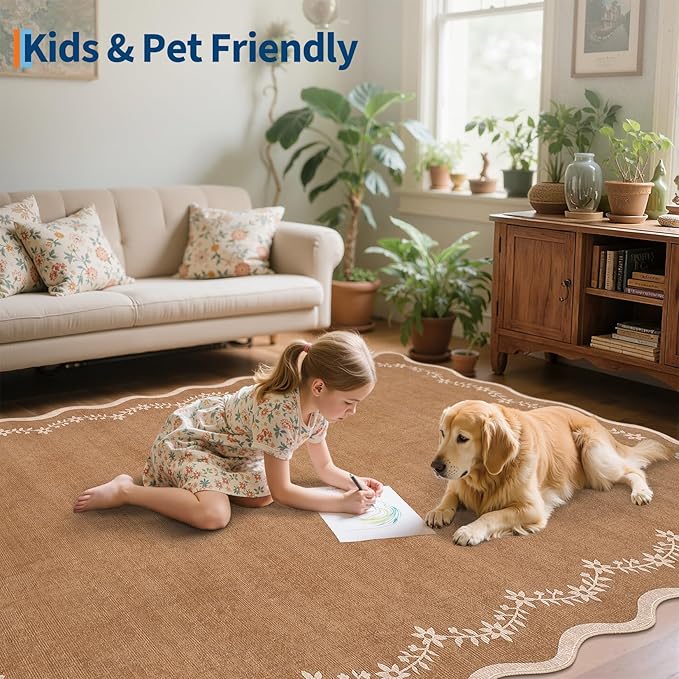 GarveeHome 5x7 Scalloped Area Rug Brown Washable Rugs for Living Room Bedroom, Soft Low Pile Non Slip Accent Floor Mat Solid Floral Print Throw Rug Farmhouse Indoor Carpet for Dorm Playroom