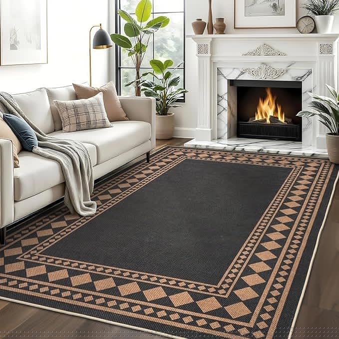 GarveeHome Large Easy Jute Rugs 10x13 Living Room Rug Modern Bordered Solid Rug with Non-Slip Backing, Non-Shedding Jute Indoor Outdoor Neutral Carpet for Dining Room, Patio, Backyard, Black Brown
