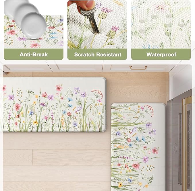 KIMODE Anti Fatigue Kitchen Mat for Floor, Farmhouse Floral Kitchen Rugs Sets of 2, Kitchen Floor Mats Non-Slip, Cushioned Standing Mat for Sink, Laundry, Desk, Home White 17"x47"+17"x29"