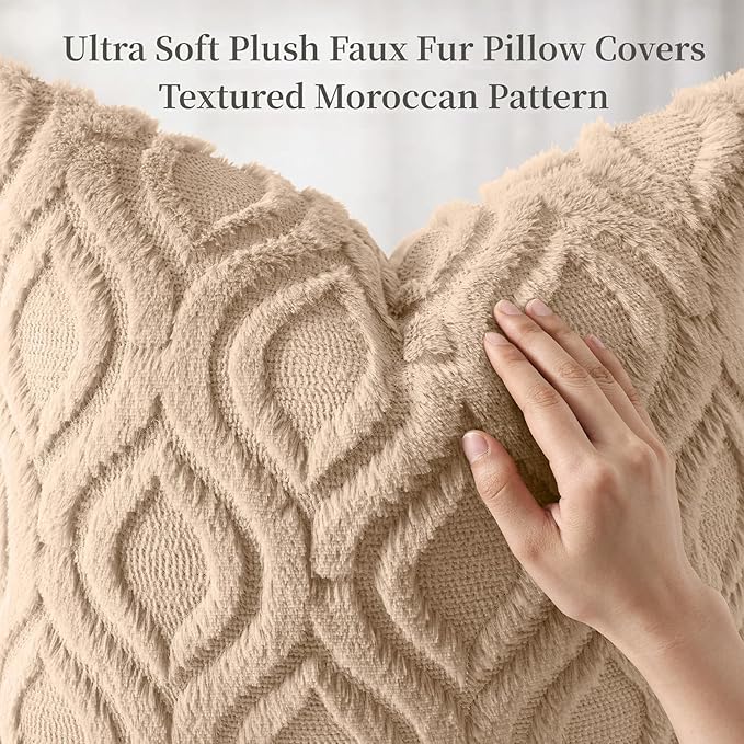 decorUhome Cozy Textured Throw Pillow Covers 16x16 Inch Set of 2, Soft Plush Faux Wool Light Khaki Accent Couch Pillow Covers for Modern Farmhouse Sofa Bed Living Room