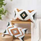 Boho Throw Pillow Covers 12x20 Inch Green Brown Tufted Lumbar Pillow Case with Tassels, Bohemian Farmhouse Decorative Cushion Cover for Couch Bed Sofa Chair Bedroom Living Room Home Decor,X