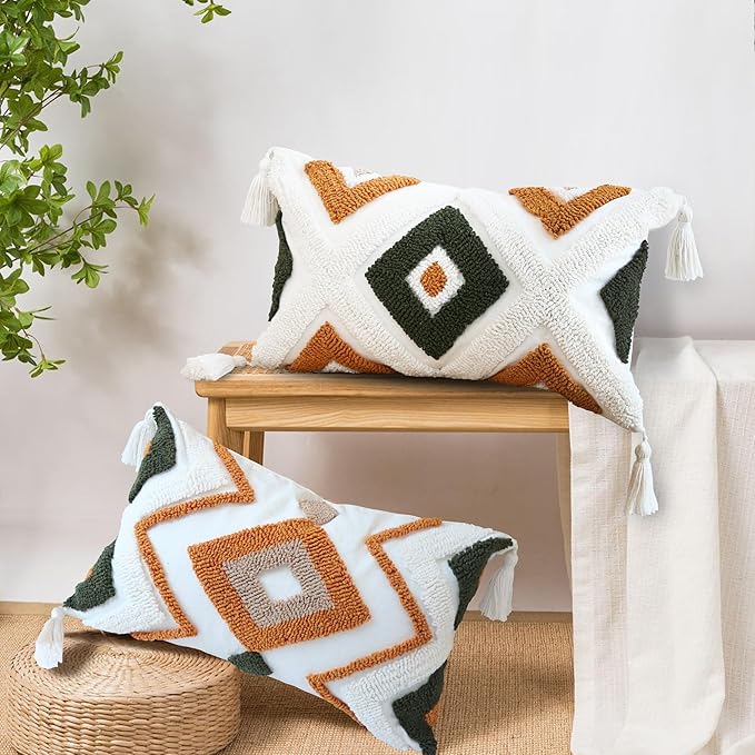 Boho Throw Pillow Covers 12x20 Inch Green Brown Tufted Lumbar Pillow Case with Tassels, Bohemian Farmhouse Decorative Cushion Cover for Couch Bed Sofa Chair Bedroom Living Room Home Decor,X