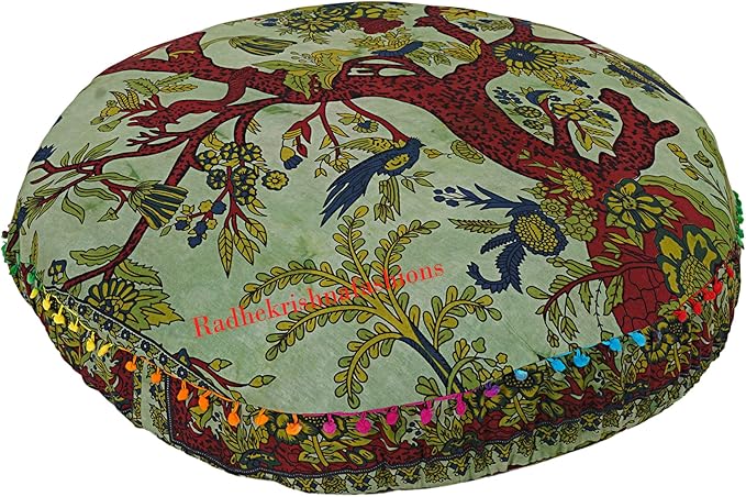 35 X 35 inch Large Mandala Floor Pillow Cushion Seating Throw Cover Hippie Decorative Bohemian Ottoman Poufs, Multi Pom Pom Pillow Cases,Boho Indian Pet Dog Bed Cover (Green T.L)