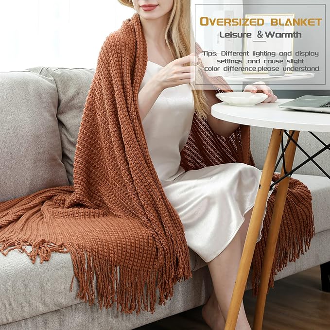 Blagic Knitted Throw Blanket for Couch,Soft Farmhouse Boho Fall Throw Blanket with Tassels,Home Decorative Lightweight Throw Blankets, Orange Rust Throws for Bed/Chair/Sofa, 60" W x 80" L