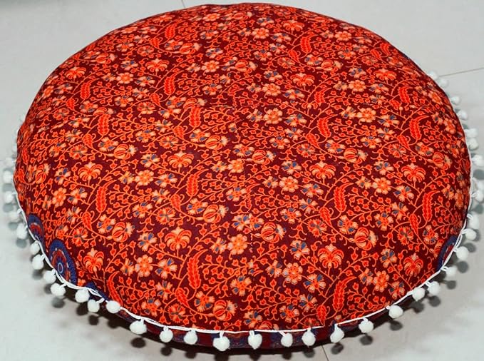 CRAFT KALA Round Mandala Boho Pillow Cover Meditation India Room Seating Poufs Cover for Living Room Yoga Room Home Décor Bedroom Balcony Garden Decoration Cotton Floor Cushion Cover 22" Maroon Mirchi