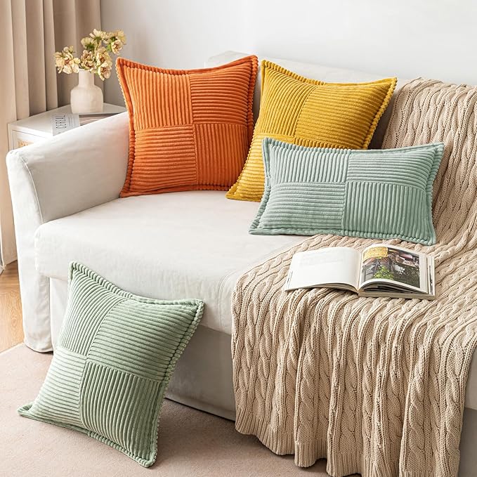 MIULEE Spring Decorative Throw Pillow Covers for Couch Bed Livingroom 20x20 Inch Set of 2 Greyish Green Boho Accent Throw Pllows Broadside Striped Patchwork Soft Corduroy Summer Pillowcases
