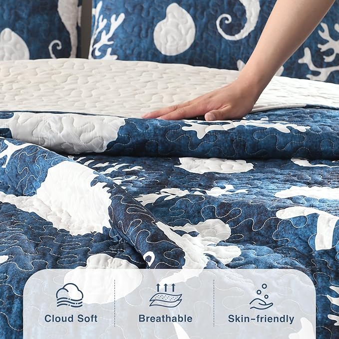 HORIMOTE HOME Coastal Quilt Bedding Set Queen Size, Reversible Navy Summer Beach Quilt Lightweight Ocean Nautical Comforter Tropical Bedspread Coverlet with 2 Pillow Shams for All Seasons (90"x96")