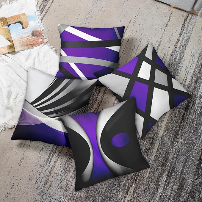 Emvency Set of 4 Purple Throw Pillow Covers Modern Abstract Black Grey Stripes Gray White Acrylic Bold Decorative Pillow Cases Home Decor Square 18x18 Inches Pillowcases