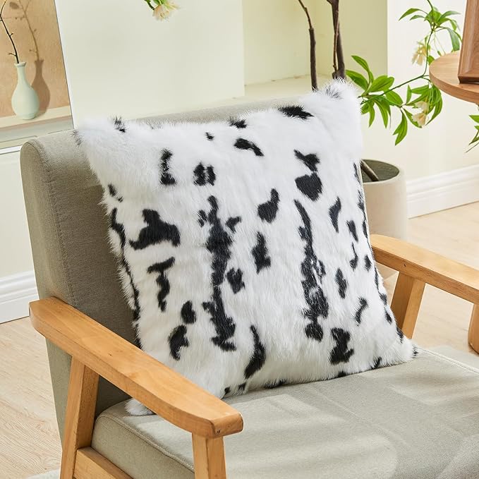 MOOX Rabbit Fur Throw Pillow Covers Decorative Fluffy Soft Fuzzy Plush Luxury Genuine Animal Skin Lumbar Pillow 18"x18" Cushion Cover, Cow Print