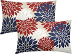 4th of July Blue Red White Pillow Covers 12X20 Inch Set of 2, Modern Geometry Dahlia Floral Print Holiday Decorative Throw Pillow Covers Outdoor Farmhouse Cushion Case for Couch Sofa Bed Decor