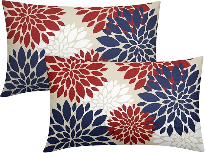 4th of July Blue Red White Pillow Covers 12X20 Inch Set of 2, Modern Geometry Dahlia Floral Print Holiday Decorative Throw Pillow Covers Outdoor Farmhouse Cushion Case for Couch Sofa Bed Decor