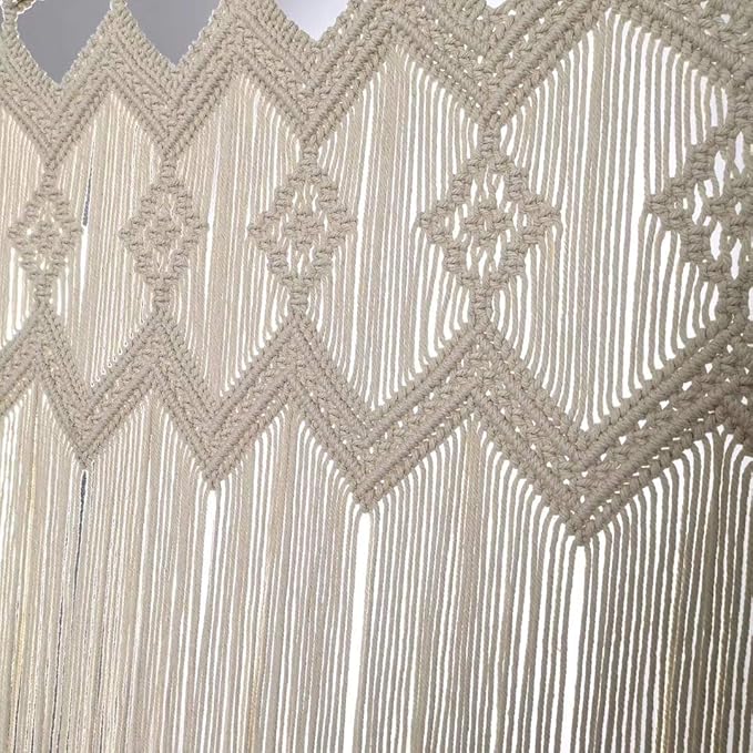 Macrame Doorway Curtains Wall Hanging Window Curtain Panels Closet Room Divider Boho Wedding Decor Backdrop Macrame Valance Boho Kitchen Valance (Ivory White, 33.4''W x 35.4''H)