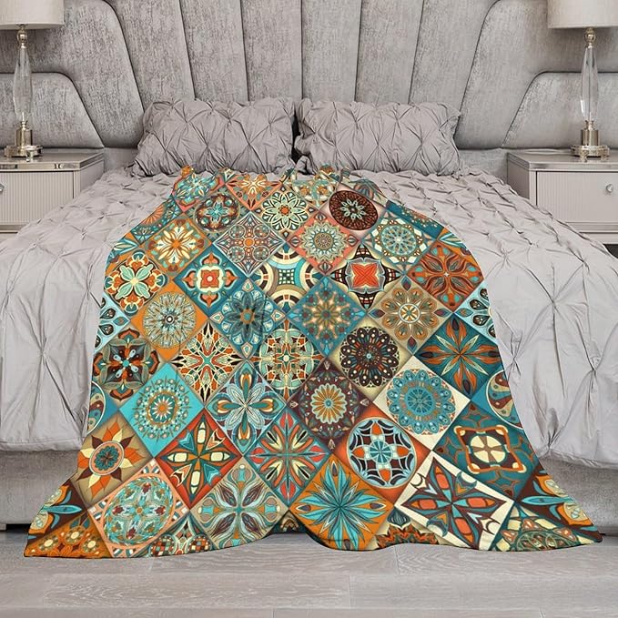 Boho Floral Throw Blanket Mandala Colorful Bohemian Flowers Art Pattern Blanket for Sofa Bed Couch Chair Or Dorm 60"x80"