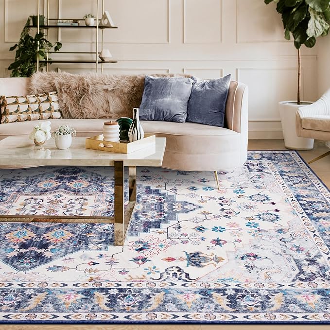 Amearea Vintage Design Area Rugs for Living Room, 8x10 Machine Washable Floral Collection Traditional Bedroom Rug, Low Pile Cute Kids Room Print Carpet, No Slip Office Kitchen Home Decor, Blue