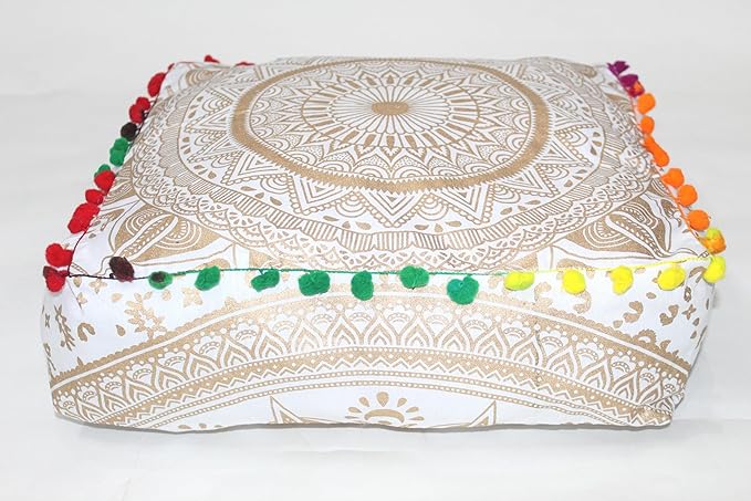 CRAFT KALA Gold Large Hippie Mandala Meditation Floor Ottoman Pillow Cushion Pouf Cover Square Poufs Bohemian Circle Floor Cushion Case Outdoor Fireplace Yoga Living Room Decor Cover 16" Square