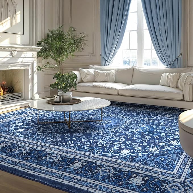 Lessymo Machine Washable Area Rug 5x7 - Super Soft Faux-Wool Area Rug for Living Room Bedroom, Boho Vintage Floral Medallion Non-Slip Low Pile, Kid & Pet Friendly, Blue White