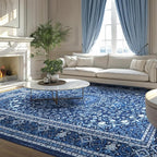 Lessymo Machine Washable Area Rug 5x7 - Super Soft Faux-Wool Area Rug for Living Room Bedroom, Boho Vintage Floral Medallion Non-Slip Low Pile, Kid & Pet Friendly, Blue White