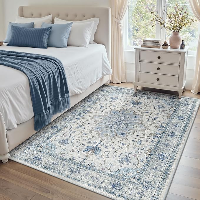 Area Rugs 4'x6' Washable Non-Slip, Floral Vintage Distress Print Pattern Medallion Carpet for Living Room Bedroom Dining Room, Light Blue Navy Beige Gray White
