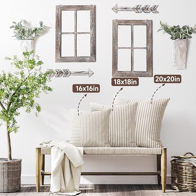 YCOLL Farmhouse Pillow Covers 24x24, Modern Accent Square Throw Pillow Covers Set of 2, Gray and Beige Striped Patchwork Linen Decorative Pillows Cushion Covers for Couch Chair Bedroom Home Decor