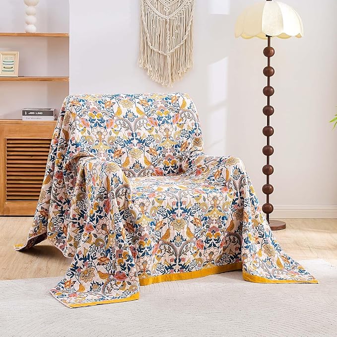 Boho Blanket Throw Quilt, 100% Cotton Soft Light Weight Throw Blankets for Summer, 80"x90" Farmhouse Flower Decorative Blankets, All Season Rustic Reversible Bohemian Throw Quilt