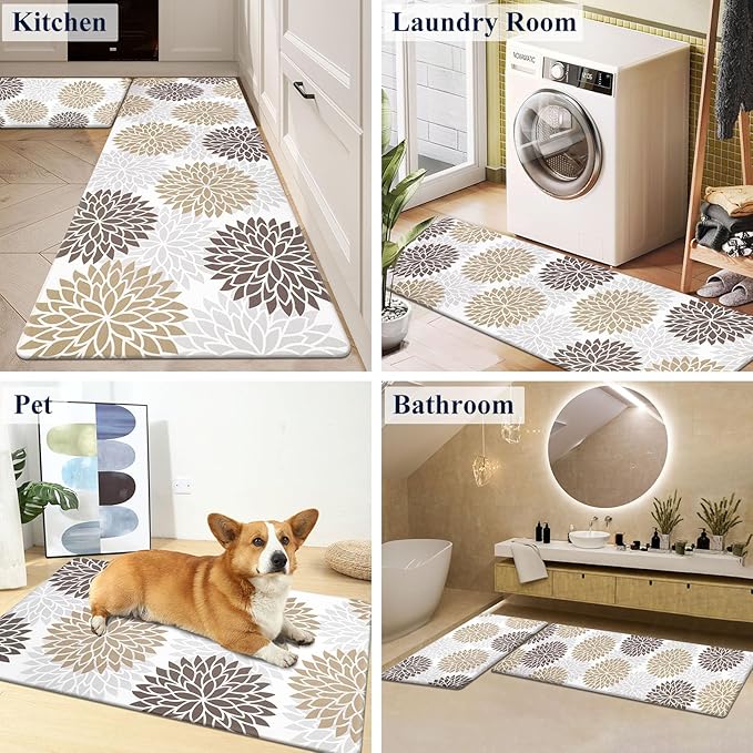 HEBE Anti Fatigue Kitchen Rug Sets 2 Piece Non Slip Kitchen Mats for Floor Cushioned Kitchen Rugs and Mats Waterproof Comfort Standing Mat Runner for Kitchen,Home Office,Sink,Laundry