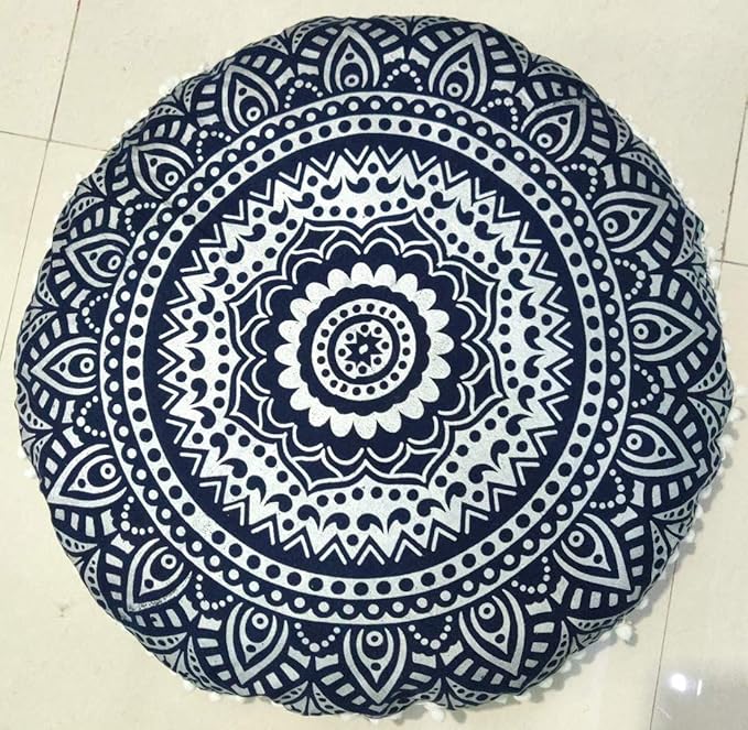 INDIAN CRAFT CASTLE 24" Blue Silver Mandala Barmeri Large Floor Pillow Cover Cushion Meditation Seating Ottoman Throw Cover Hippie Decorative Zipped Bohemian Pouf Ottoman Pom Pom Cases 24" Round