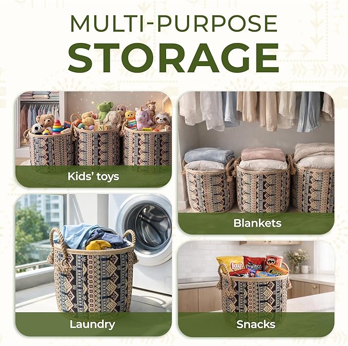 Set of 3 Handwoven Seagrass Baskets with Bohemian Brocade Cover – Decorative Wicker Storage Hampers with Handles for Laundry, Blankets & Toys – Natural Woven Baskets for Home & Bedroom Decor