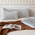 Boho Chenille Tufted Pillow Cover 14x36 Inch Set of 1, Farmhouse Striped Decorative Pillow Covers Accent Fluffy Neutral Long Body Bolster Pillow for Couch Sofa Bedroom Living Room, Brown Gray