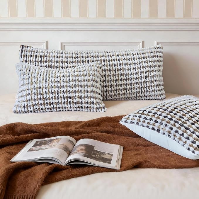 Boho Chenille Tufted Pillow Cover 14x36 Inch Set of 1, Farmhouse Striped Decorative Pillow Covers Accent Fluffy Neutral Long Body Bolster Pillow for Couch Sofa Bedroom Living Room, Brown Gray