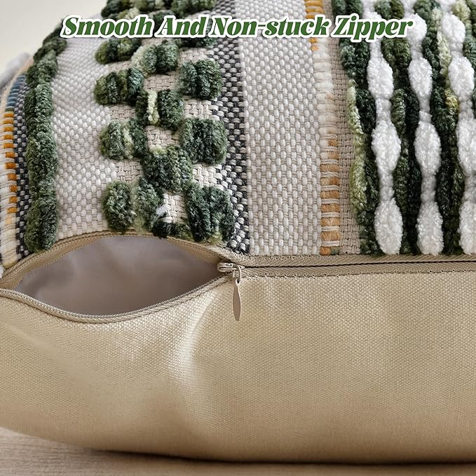 AmHoo Chenille Striped Textured Boho Throw Pillow Covers Aesthetic with Tassels Woven Decorative Pillow Case for Couch Bed Sofa Bedroom Modern Funky 18 x 18-Inch Sage Green