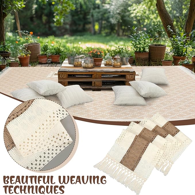 Extra Large Outdoor Boho Picnic Blanket 181'' x 71'' Beige White Table Runner 6 Throw Pillow Cover Woven Cotton Yarn Oversize Beach Blanket Washable for Picnic Camp Wedding
