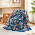 Fall Throw Blanket for Couch, Blue Boho Decorative Throw Blanket, 100% Cotton Muslin Breathable Woven Farmhouse Blankets Quilt, 50"x60" Reversible Lightweight Blankets Bohemian Throw Quilt
