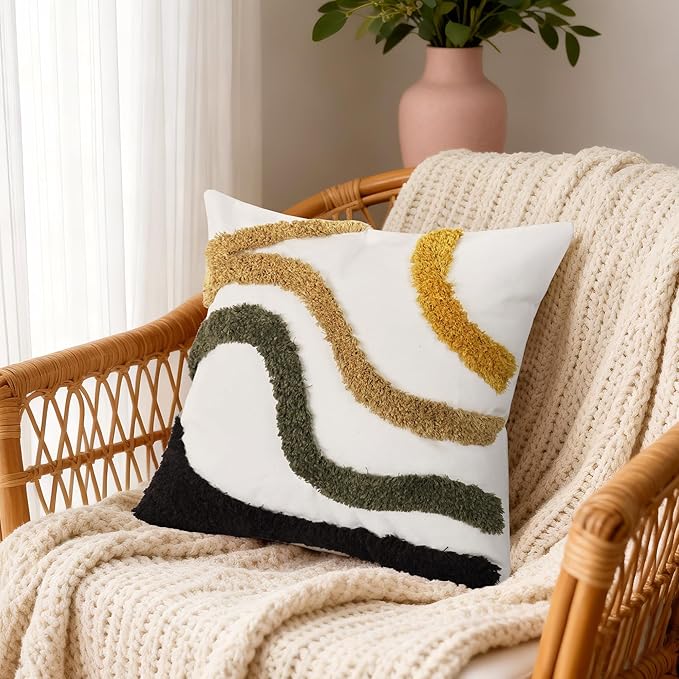 Boho Throw Pillow Covers 18x18 Inch Set of 1, Tufted Abstract Decorative Pillow Cover Mid Century Modern Pillow Cases Bohemian Cushion for Couch Sofa Bed Living Room Home Decor, Green-Brown