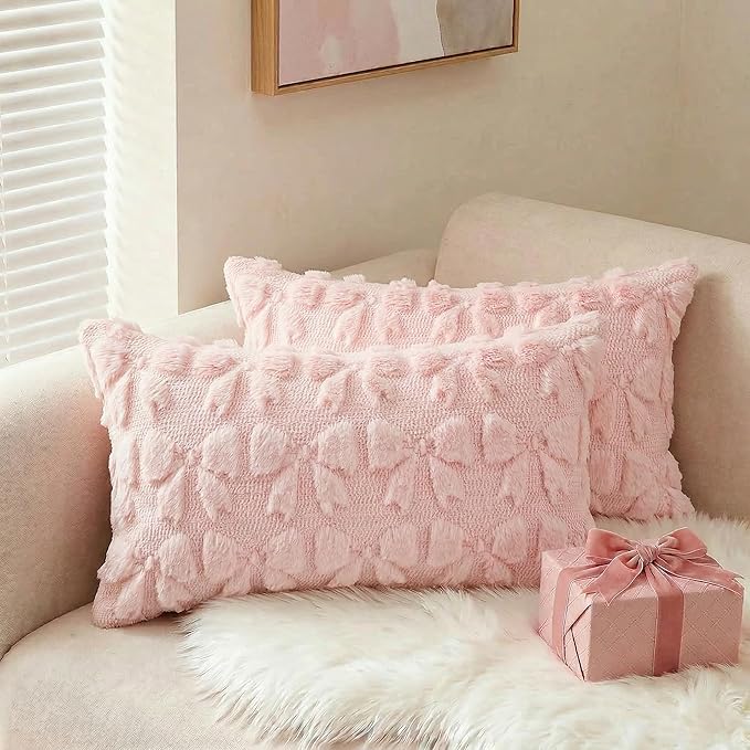 AVOIN colorlife Pink Spring Bow Throw Pillow Covers Set of 2, 12 x 20 Inch Coquette Aesthetic Room Decor Soft Plush Faux Fur Cushion Case for Girls Room