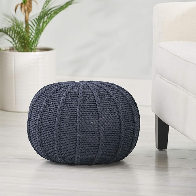 Christopher Knight Home Corisande Modern Knitted Cotton Round Pouf, Dark Blue