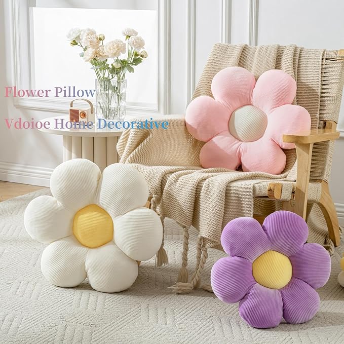 Flower Pillow, White Pink Throw Pillows Cute Daisy Decorative Pillow for Bed, Sofa, Couch.19.6" Round Cushion Seating Home Decorative