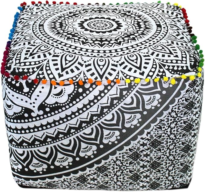 CRAFT KALA Large Hippie Mandala Meditation Floor Ottoman Pillow Cushion Pouf Cover Square Poufs Cover Bohemian Floor Cushion Case Outdoor Fireplace Yoga Living Room Decor 22X22X14 inches, Grey Ombre
