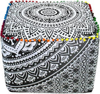 CRAFT KALA Large Hippie Mandala Meditation Floor Ottoman Pillow Cushion Pouf Cover Square Poufs Cover Bohemian Floor Cushion Case Outdoor Fireplace Yoga Living Room Decor 20X20X14 inches, Grey Ombre