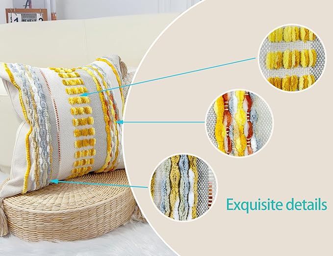 Boho Throw Pillow Covers 18x18 Aesthetic Neutral Boucle Couch Pillow Cover Rainbow Striped Decorative Accent Pillow Case for Couch Bed Sofa Farmhouse,Modern Funky,Set of 2 Yellow-Grey