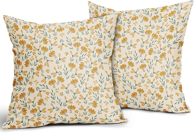 Green Yellow Floral Pillow Covers 24x24 Set of 2 Vintage Rustic Old Style Cute Small Flower Print Decorative Outdoor Pillowcases Farmhouse Throw Cushion Case Decor for Couch Sofa Bed