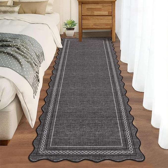 GarveeHome Scalloped Washable Runner Rug 2x8 Entry Rug Non Slip Kitchen Rugs Runner Farmhouse Black Low Pile Hallway Rugs Stain Resistant Carpet for Bathroom Laundry Room, Black