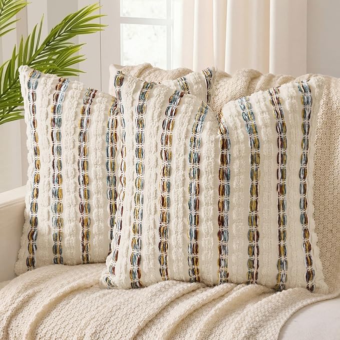 ANRODUO Boho Chenille Pillow Covers with Textured Tufted Stripes 20x20 Inch Set of 2 Woven Decorative Cushion Case Farmhouse Accent Neutral Pillowcase for Couch Sofa Bed Living Room Decor, Brown White