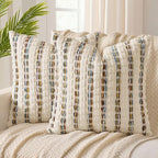ANRODUO Boho Chenille Pillow Covers with Textured Tufted Stripes 18x18 Inch Set of 2 Woven Decorative Cushion Case Farmhouse Accent Neutral Pillowcase for Couch Sofa Bed Living Room Decor, Brown White