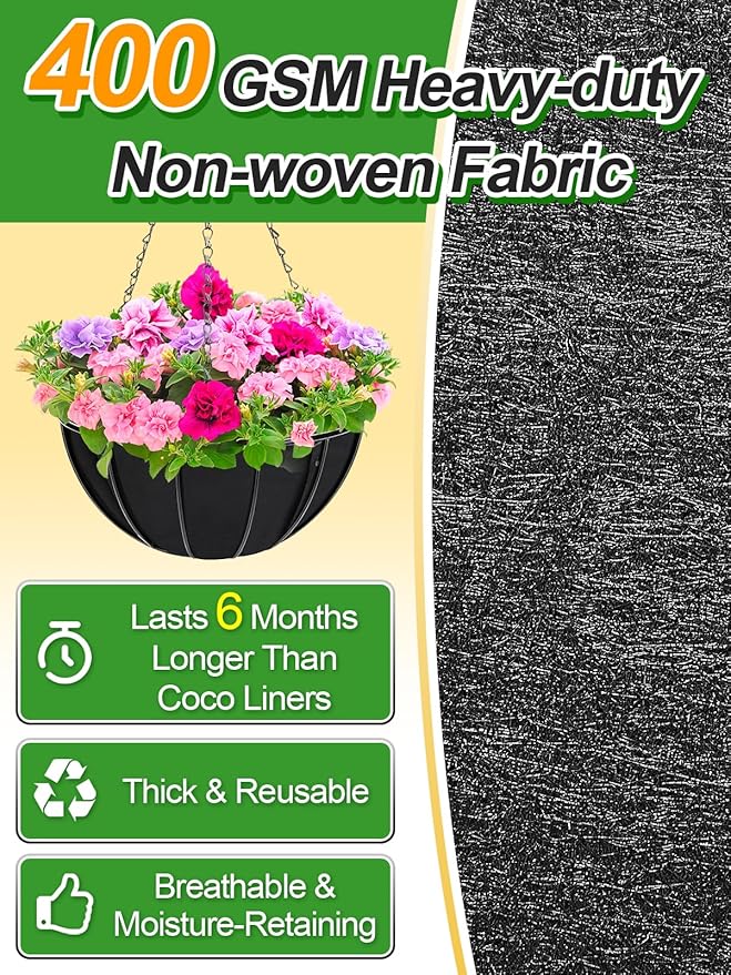 4pcs 12in Thick Felt Hanging Basket Liners - Heavy-Duty 400GSM Non-Woven Fabric Round Planter Liner for Garden Wall Flower Hanging Baskets, Replacement for Coco Fiber Liner